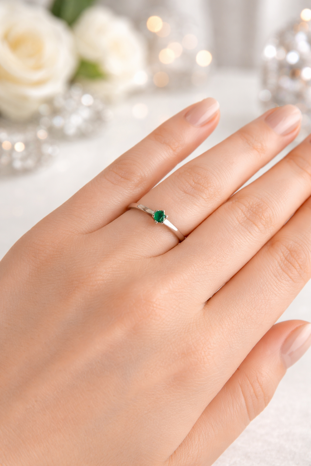 Anillo Solitario Oro Blanco y Esmeralda