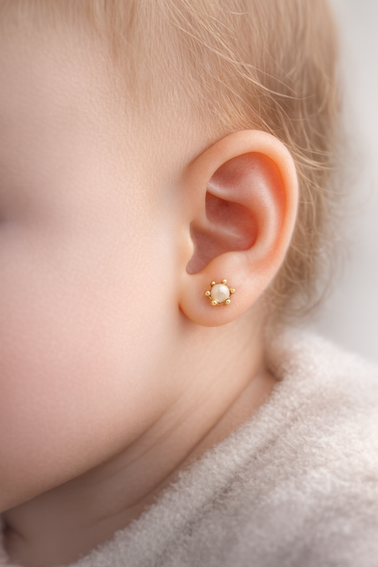 Aros abridores de bebé con perla en oro 18K modelo Aerin