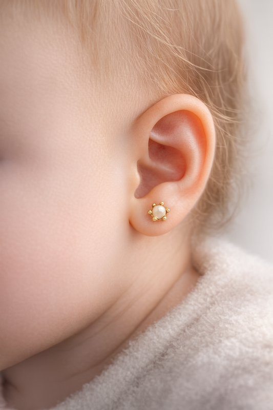 Aros abridores de bebé con perla en oro 18K modelo Aerin